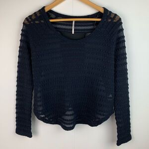 Free people women’s black sheer ruffle lace long sleeve open back blouse top XS